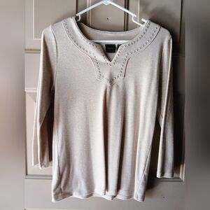 Rafaella Beige Long Sleeve Blouse with Studded Neckline